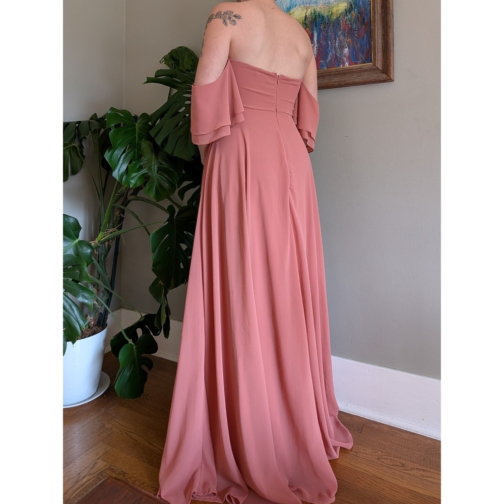 Lulus Abbington Gown Off Shoulder Flutter Sleeve Dusty Rose Chiffon Bridesmaid - Picture 4 of 16